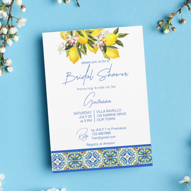 Blue Majolica Tiles Lemons Mediterranean Invitation (Creator Uploaded)