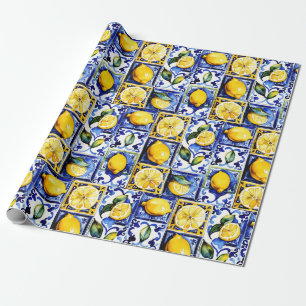 Blue Majolica tiles lemons Mediterranean Wrapping Paper