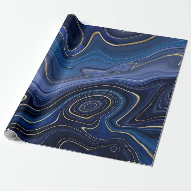 Blue Malachite Golden Accents Luxury Chic Gemstone Wrapping Paper (Unrolled)