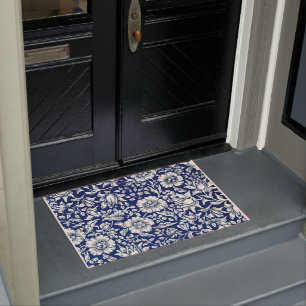 Blue Mallow, Navy and White Floral Pattern, Doormat