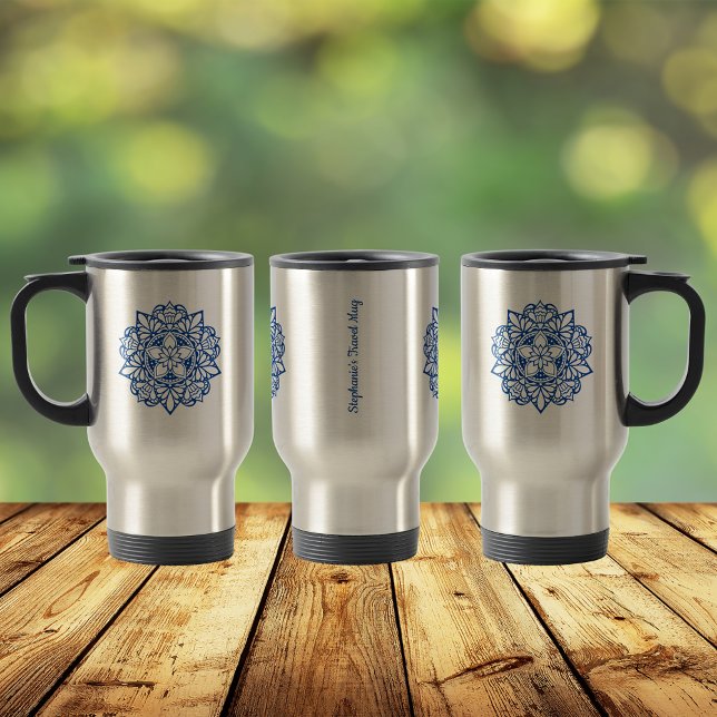 Blue Mandala Art Personalised Name tumbler Travel Mug (Creator Uploaded)