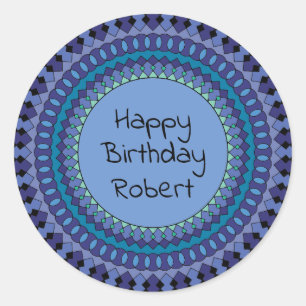 Blue Mandala Birthday Party Add Name Classic Round Sticker
