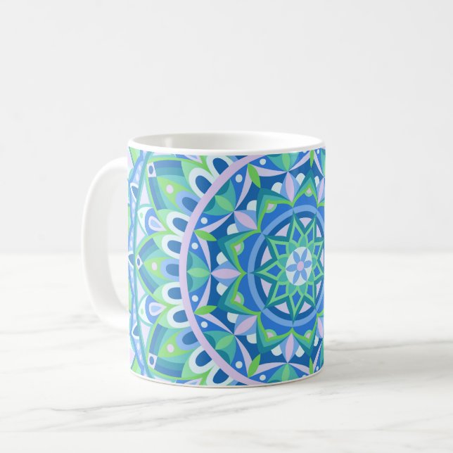 Blue Mandala Boho Geometric Calming Spiritual Coffee Mug (Front Left)