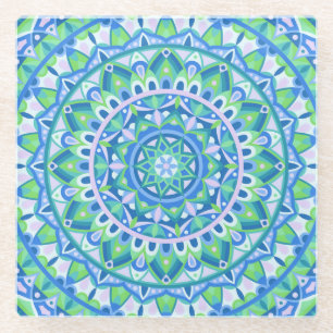 Blue Mandala Boho Geometric Spiritual Table Decor Glass Coaster