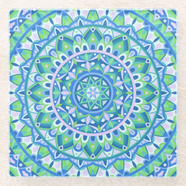 Blue Mandala Boho Geometric Spiritual Table Decor Glass Coaster (Front)