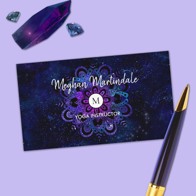 Blue Mandala Galaxy Boho Yoga Watercolor Monogram Business Card (Creator Uploaded)
