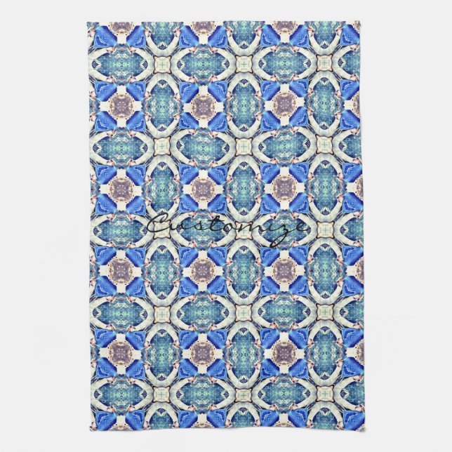 Blue mandala hearts pattern Thunder_Cove Tea Towel (Vertical)