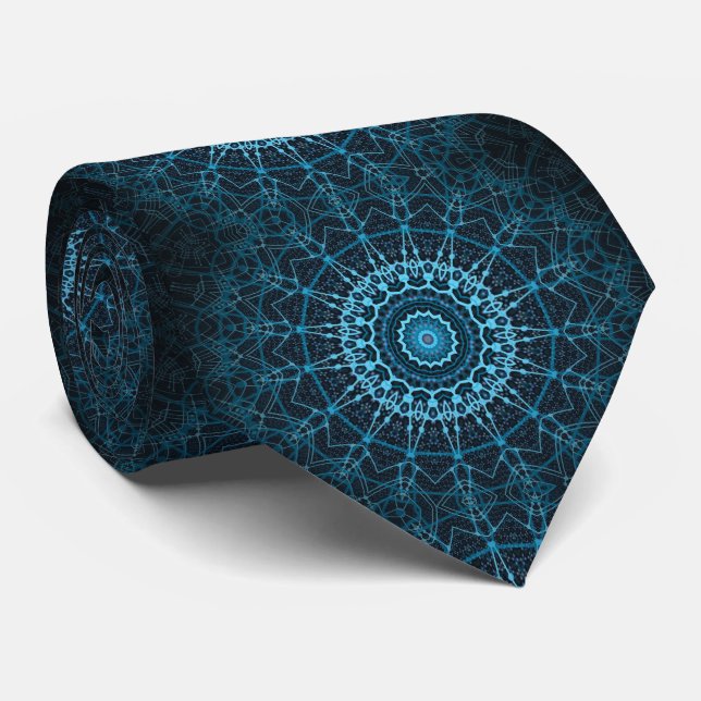 Blue Mandala Net Retro Hippie Trippy Boho Chic Tie (Rolled)
