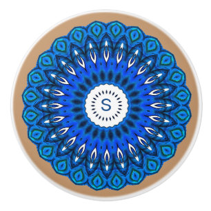 Blue Mandala on Beige with Initial Drawer Knob