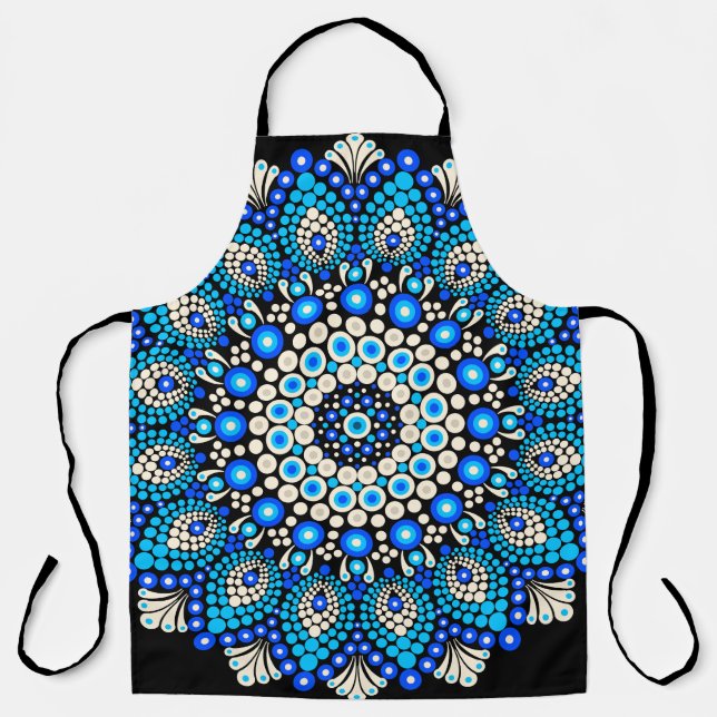 Blue Mandala Pattern Apron Boho Floral Decorative  (Front)