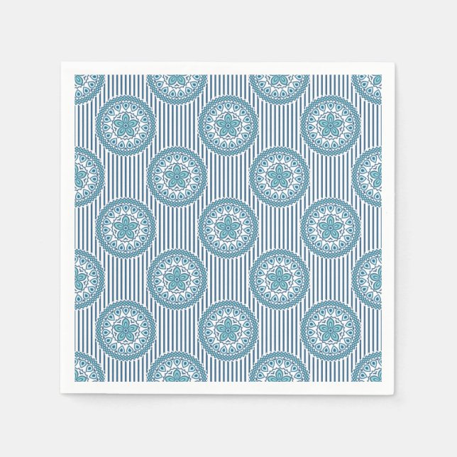 Blue mandala pattern on striped background napkin (Front)