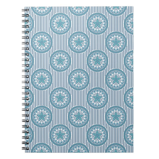 Blue mandala pattern on striped background notebook (Front)