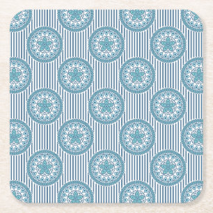 Blue mandala pattern on striped background square paper coaster