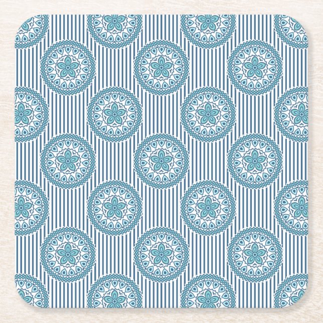 Blue mandala pattern on striped background square paper coaster (Front)