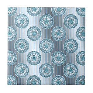 Blue mandala pattern on striped background tile