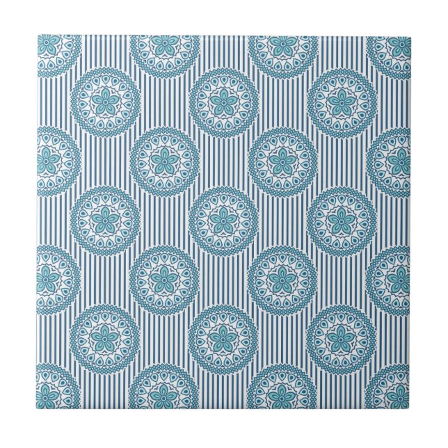 Blue mandala pattern on striped background tile (Front)