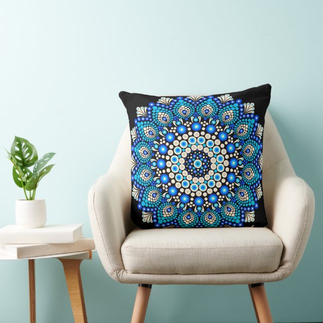 Blue Mandala Pattern Throw Pillow Boho Decorative  (Chair)