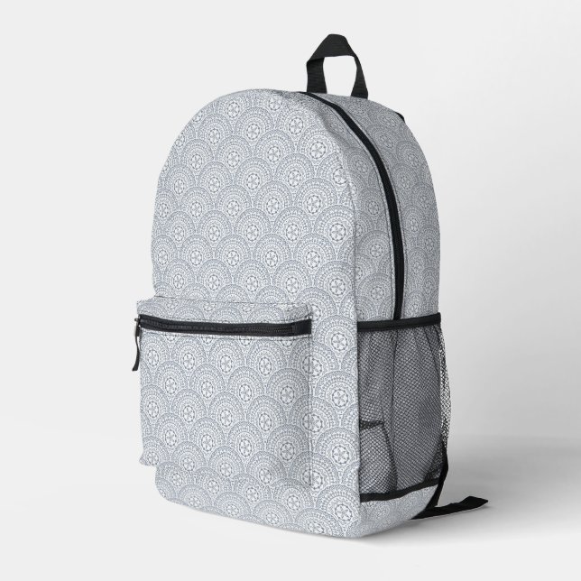 Blue mandala waves pattern on white background printed backpack (Back Corner Right)