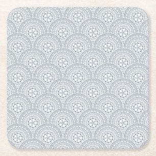 Blue mandala waves pattern on white background square paper coaster