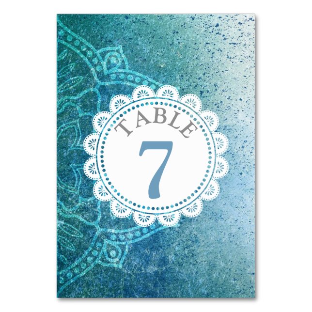 Blue Mandala Wedding Table Number Card (Front)