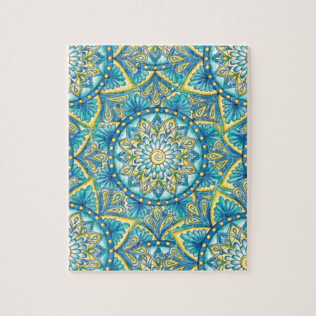 Blue Mandala Yellow Turquoise  Pattern Jigsaw Puzzle (Vertical)