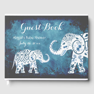 Blue Mandalas on White Elephants Boy's Baby Shower Guest Book