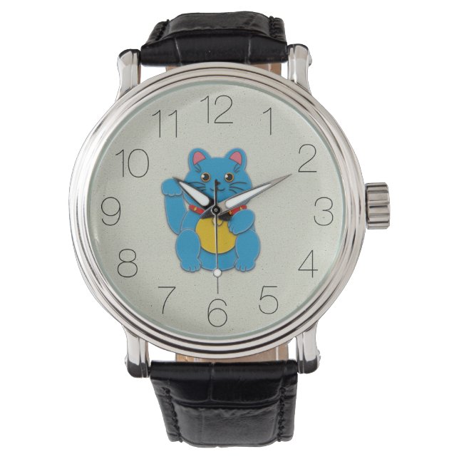 Blue Maneki-Neko: Bringing Peace, Stability clock Watch (Front)