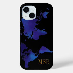 blue map of world with initials iPhone 15 case