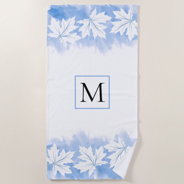 Blue maple leaf watercolor wash and monogram beach towel (Front)
