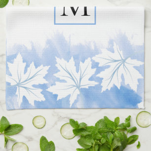 Blue maple leaf watercolor wash and monogram tea towel