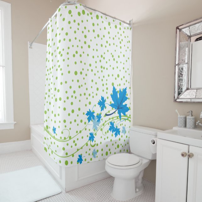 Blue maple leaves and green polka dots modern shower curtain (In Situ)