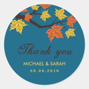 Blue Maple Leaves Fall Wedding Thank You Sticker