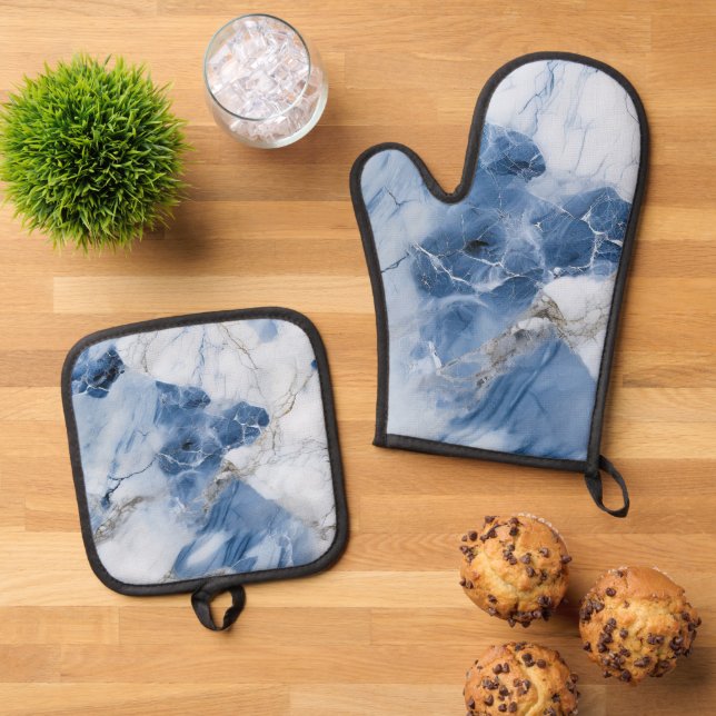 blue marble abstract coastal pattern oven mitt & pot holder set (Top Down)