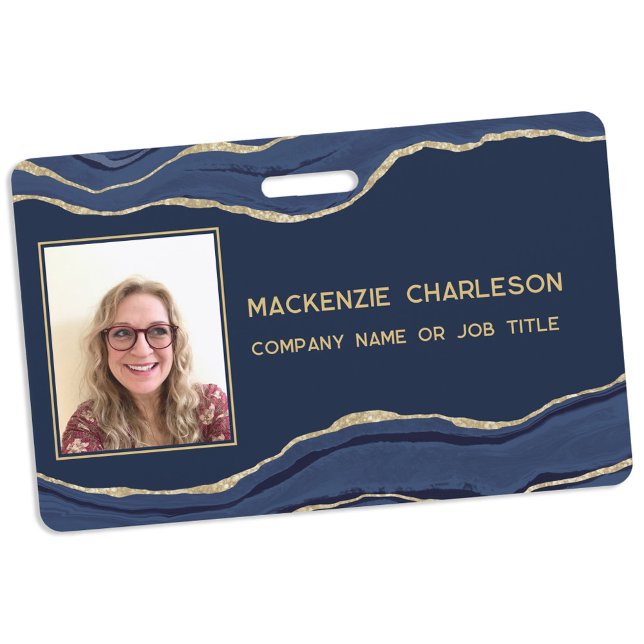 Blue Marble Agate Geode Gold Business Photo ID ID Badge (Navy blue gold marble agate geode professional business phoro ID name badge)