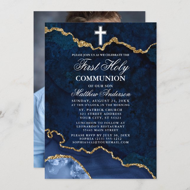 Blue Marble Agate Geode Photo First Holy Communion Invitation (Front/Back)