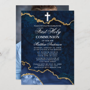 Blue Marble Agate Geode Photo First Holy Communion Invitation