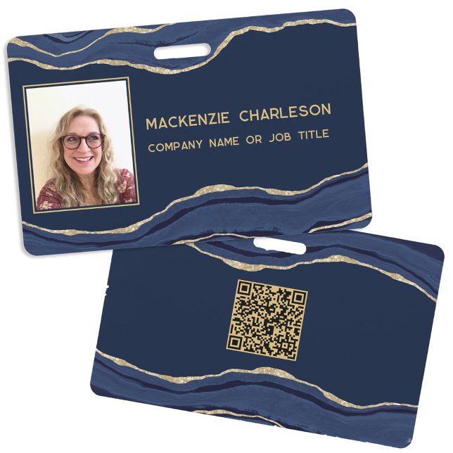 Blue Marble Agate Geode QR Code Photo ID Name ID Badge (Navy blue agate marble geode professional business photo id name QR code badge)