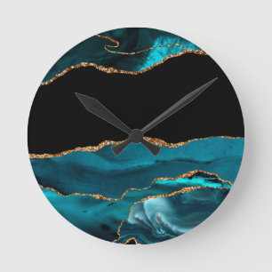 Blue Marble Agate Glamourous Black Golden Glitters Round Clock