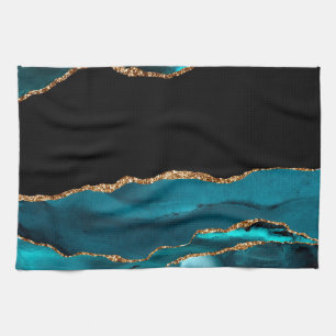 Blue Marble Agate Glamourous Black Golden Glitters Tea Towel