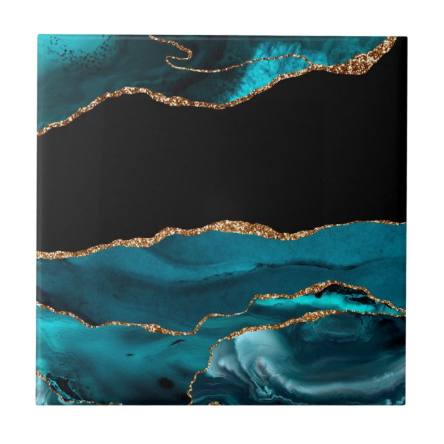 Blue Marble Agate Glamourous Black Golden Glitters Tile (Front)