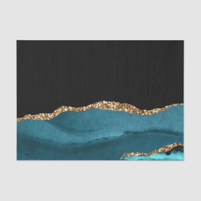 Blue Marble Agate Glamourous Black Golden Glitters Tissue Paper (Front)