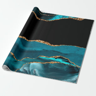 Blue Marble Agate Glamourous Black Golden Glitters Wrapping Paper