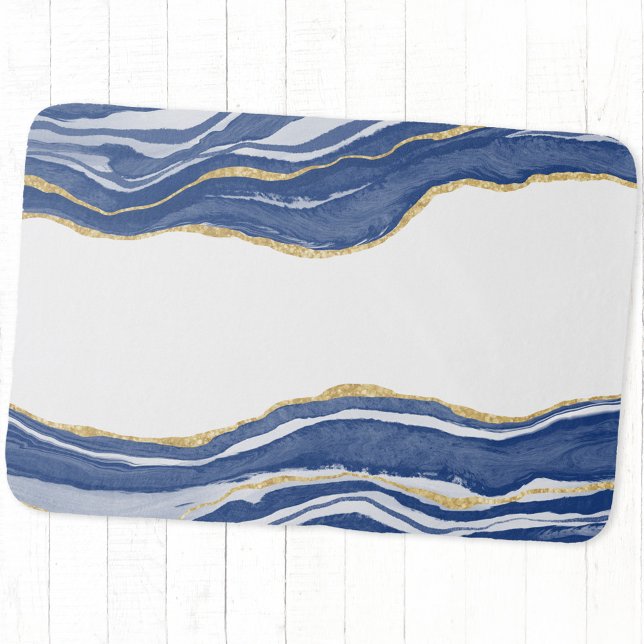 Blue Marble Agate Gold Glitter Bath Mat (Blue and white watercolor agate marble geode bath mat)