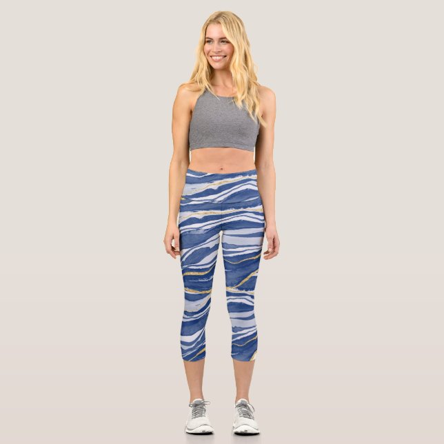 Blue Marble Agate Gold Glitter Capri Leggings (Front)