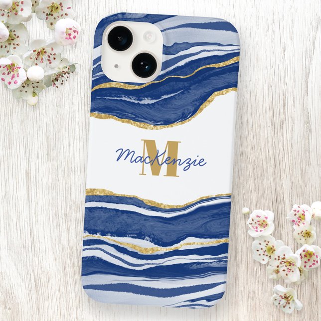 Blue Marble Agate Gold Glitter Monogram Name Case-Mate iPhone Case (Creator Uploaded)