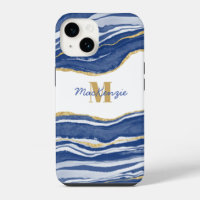 Blue Marble Agate Gold Glitter Monogram Name