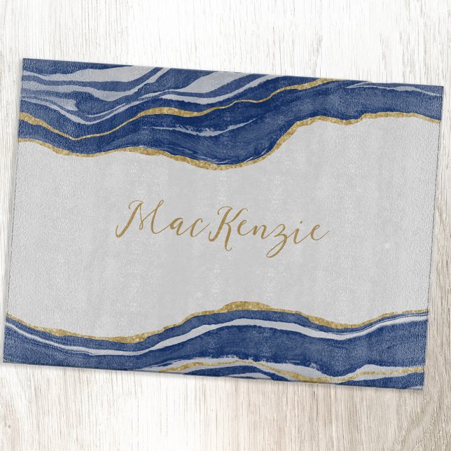 Blue Marble Agate Gold Glitter Personalised Cutting Board (Blue agate marble watercolor personalized gold script cutting board)