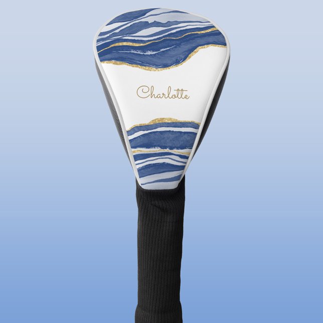 Blue Marble Agate Gold Glitter Personalised Golf Head Cover (Blue watercolor agate marble personalized name golf head cover)