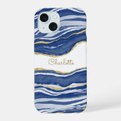 Blue Marble Agate Gold Glitter Personalised iPhone 15 Case (Back)
