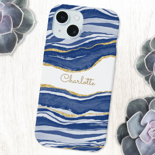 Blue Marble Agate Gold Glitter Personalised iPhone 15 Case